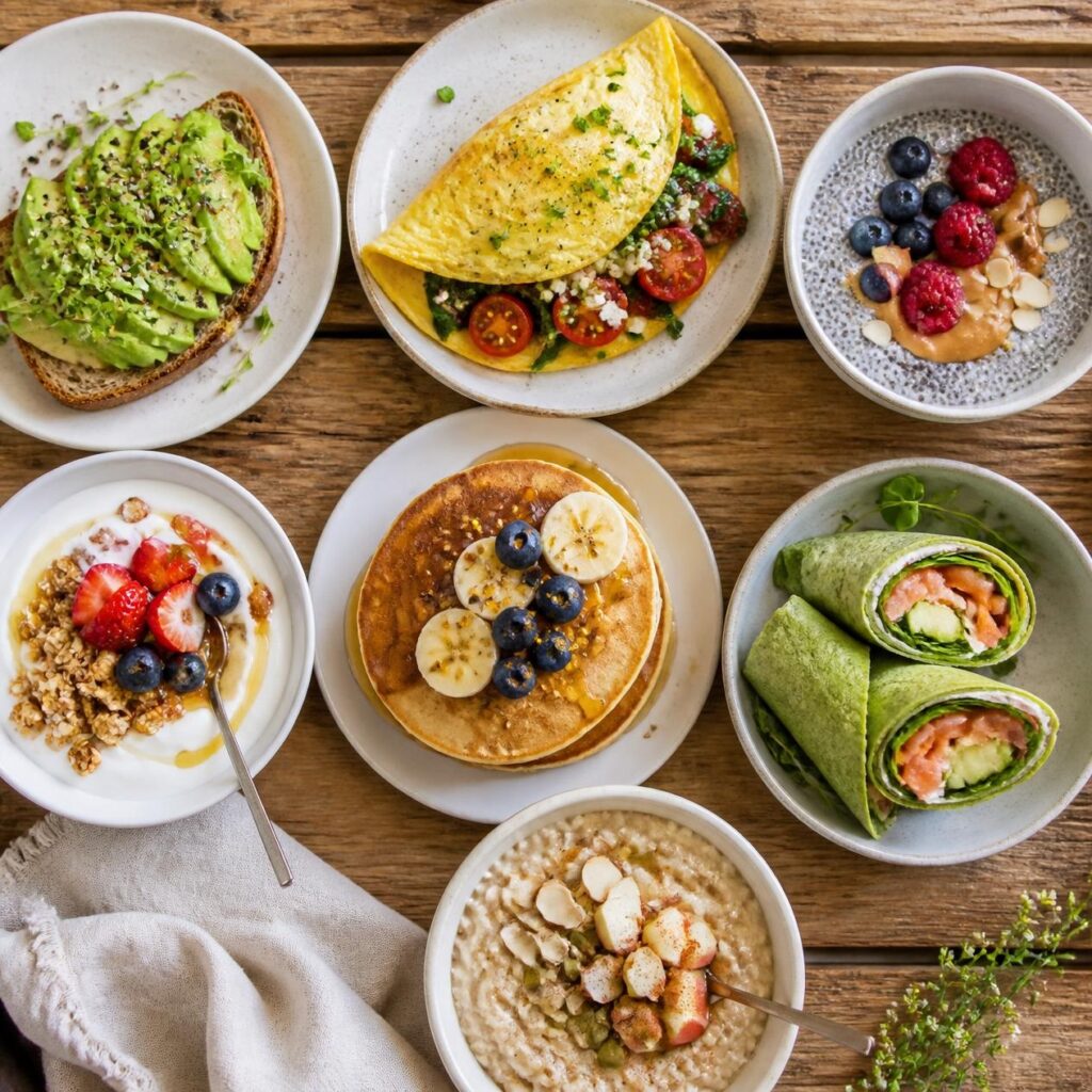 7 easy PCOS breakfast ideas for weight loss including avocado toast, veggie omelet, chia pudding, greek yogurt, almond pancakes, salmon wrap and keto porridge