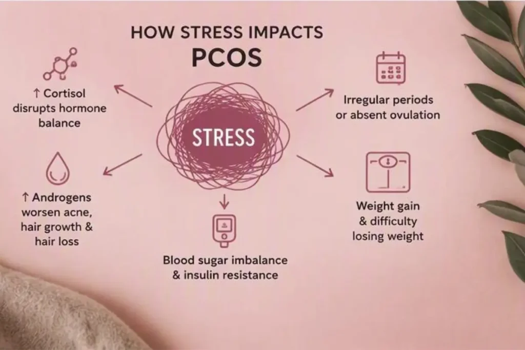 Diagram showing how stress and cortisol cause PCOS hormone imbalance