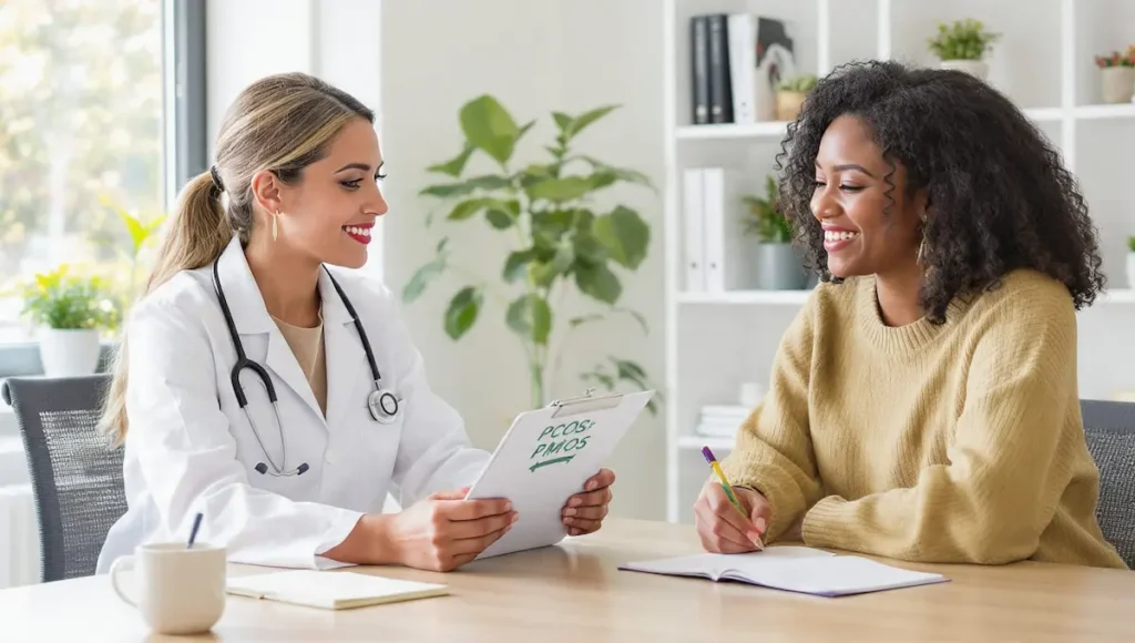 Doctor explaining PCOS diagnosis PMOS name change to patient during consultation