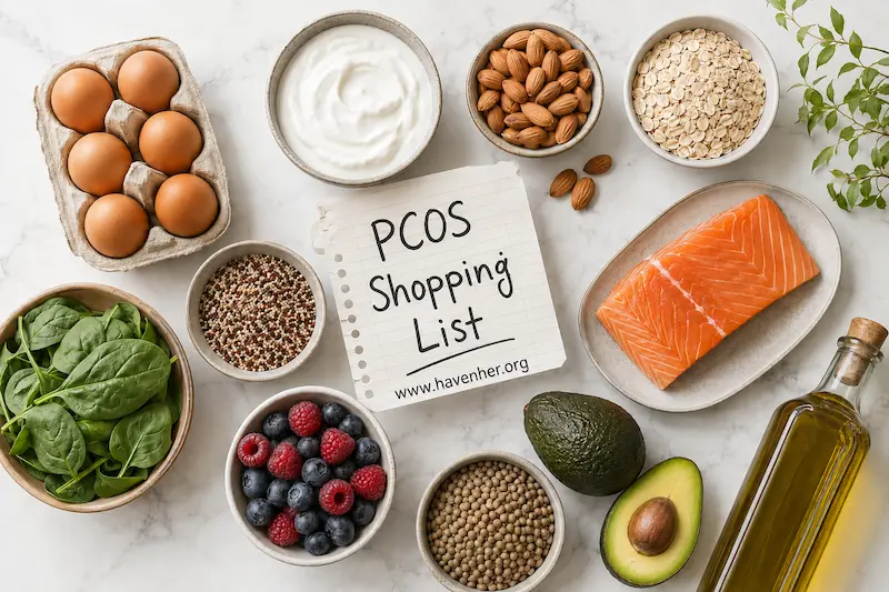 pcos shopping list with healthy groceries like eggs, salmon, avocado, and berries for insulin resistance