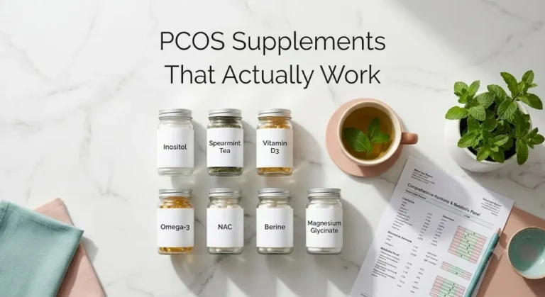 Evidence-based PCOS supplements on marble counter: Inositol, Spearmint Tea, Vitamin D3, Omega-3, NAC, Berberine, Magnesium Glycinate