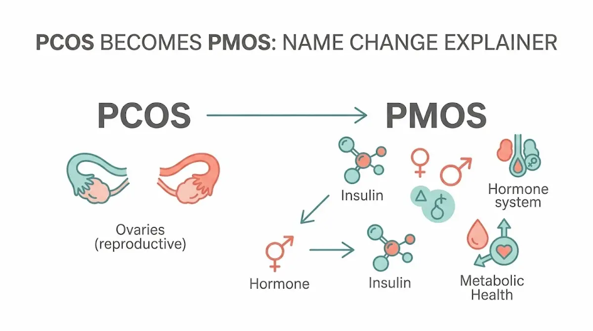 Timeline infographic showing the shift from PCOS to PMOS, Polycystic Ovary Syndrome to Protein and Metabolic Ovulatory Syndrome, focusing on metabolic health in 2026