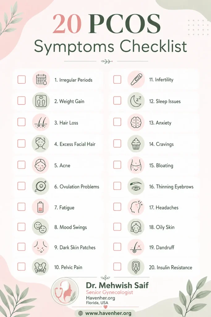20 PCOS symptoms checklist infographic by Dr Mehwish Saif - Irregular periods, weight gain, hair loss and more