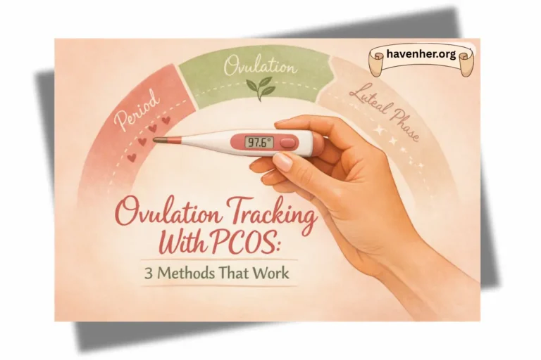 Ovulation tracking with PCOS using basal body temperature thermometer showing 97.6 degrees, tracking period ovulation and luteal phase cycle for irregular periods