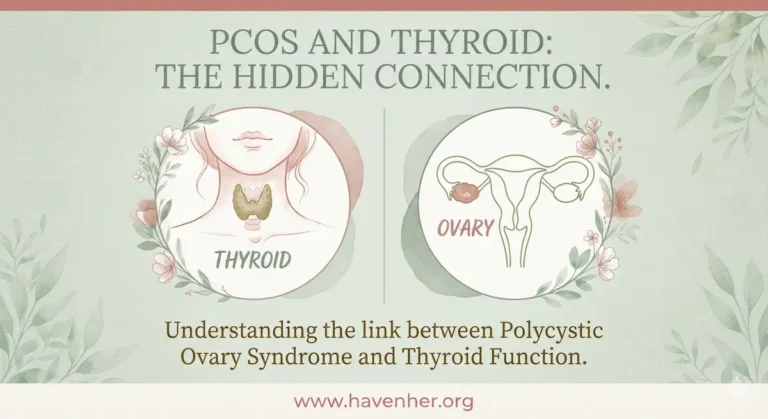 PCOS and thyroid hidden connection illustration showing thyroid gland and polycystic ovary - HavenHer Tampa