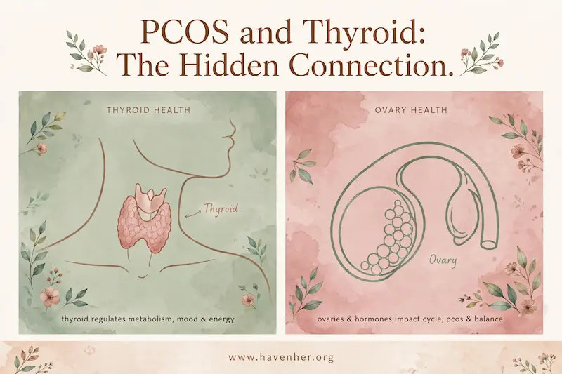 Thyroid health vs ovary health comparison - thyroid regulates metabolism mood energy, ovaries impact PCOS cycle and hormone balance