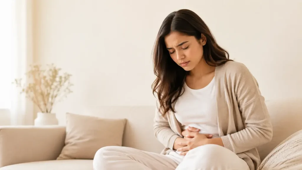 Woman seeking period cramps relief - evidence-based menstrual pain methods
