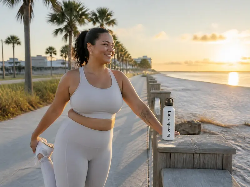 Woman maintaining gentle activity during period in Florida - hydration and movement for cramp relief