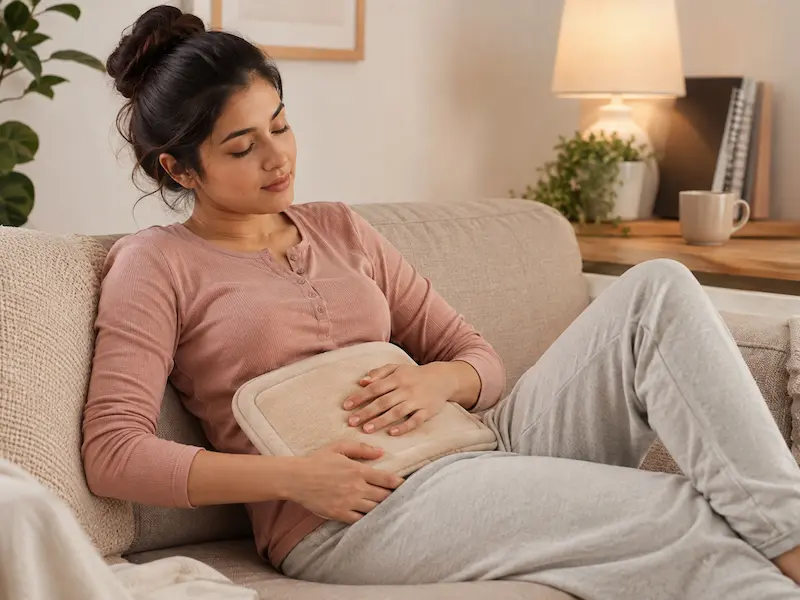 Woman using continuous heat therapy for menstrual cramps relief
