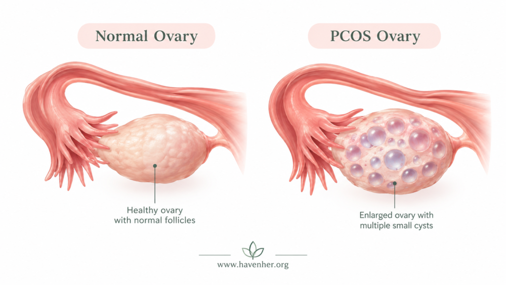 normal ovary vs pcos ovary with multiple small cysts