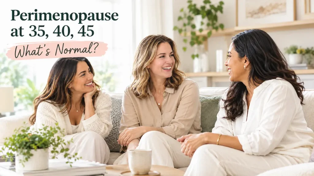 Three diverse women aged 35 40 and 45 smiling and talking about perimenopause symptoms on a sofa