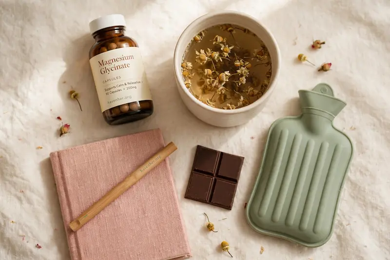 PMDD self-care kit with magnesium herbal tea journal dark chocolate and hot water bottle