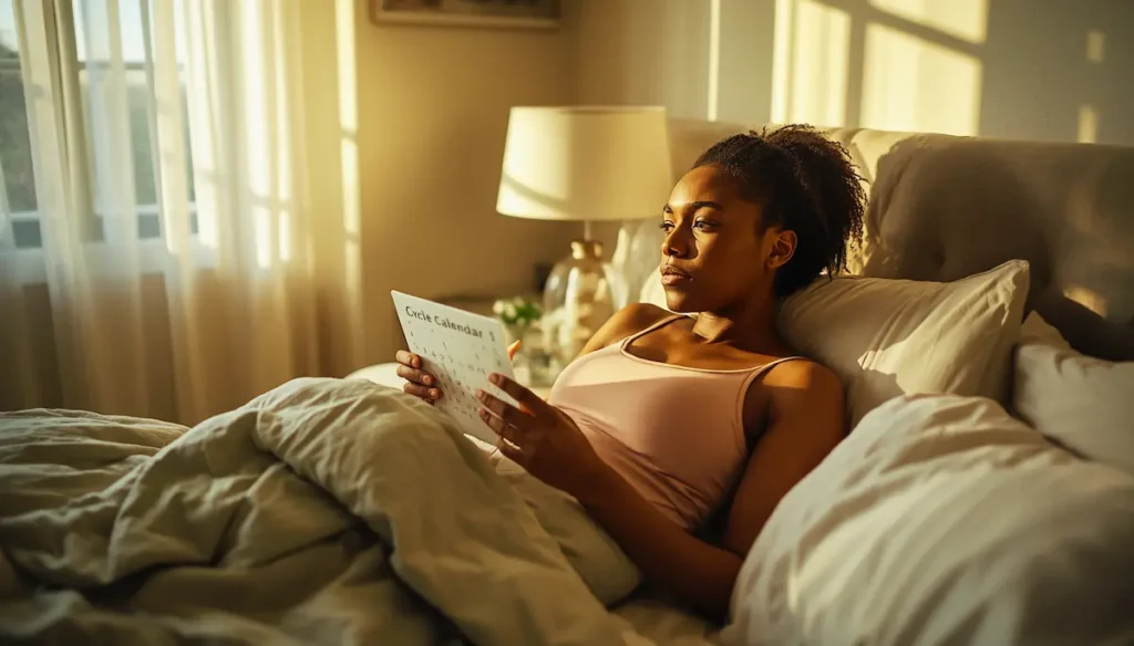 Woman sitting on bed holding a menstrual calendar thinking about PMS vs PMDD difference