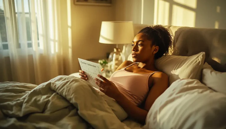 Woman sitting on bed holding a menstrual calendar thinking about PMS vs PMDD difference