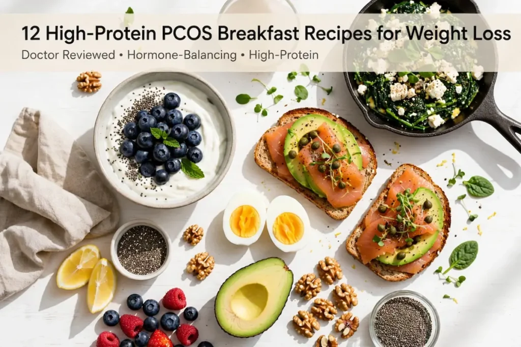 12 high-protein PCOS breakfast for weight loss recepies including Greek yogurt bowl, salmon avocado toast and spinach feta scramble